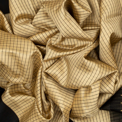 Beige Handloom Kora Silk Saree With Checks & Contrast Black Border