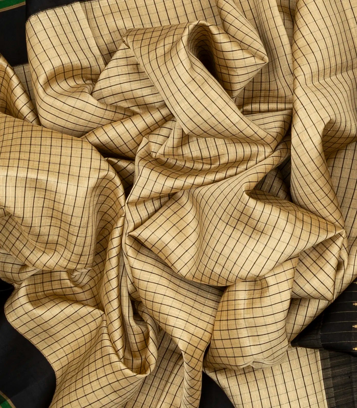 Beige Handloom Kora Silk Saree With Checks & Contrast Black Border