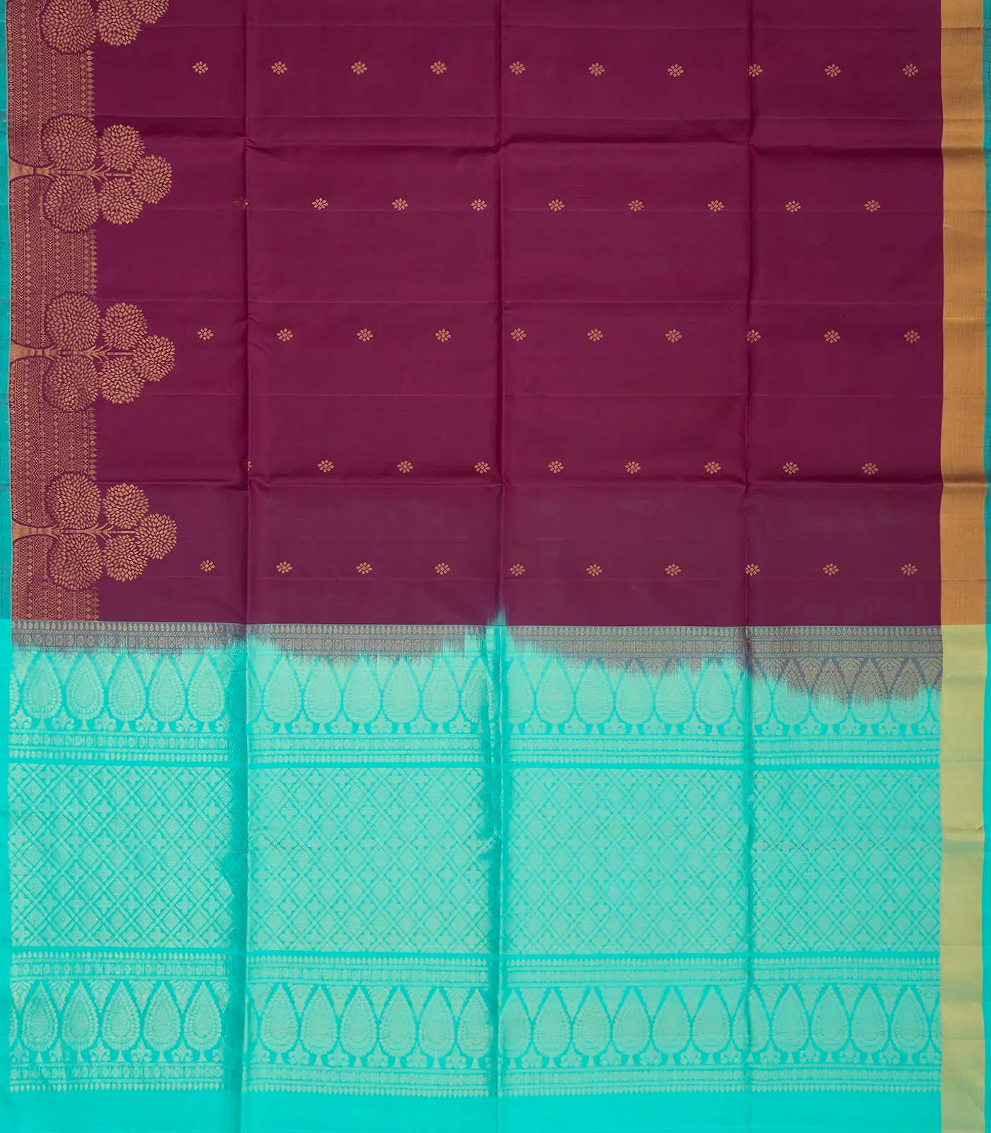 Maroon Handloom Soft Silk Saree With Kamalam Buttas & Contrast Pallu