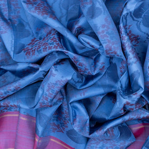 Blue Handloom Kanchipuram Silk Saree With Floral Motifs & Purple Border