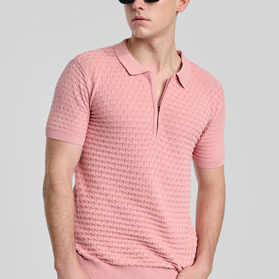 Light Pink Zipper Knitted Polo T-Shirt