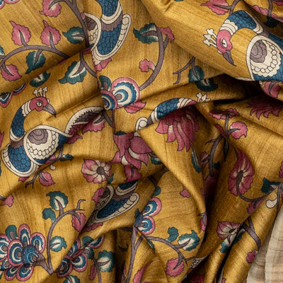 Beige Handloom Tussar Silk Saree With Printed Peacock Motifs