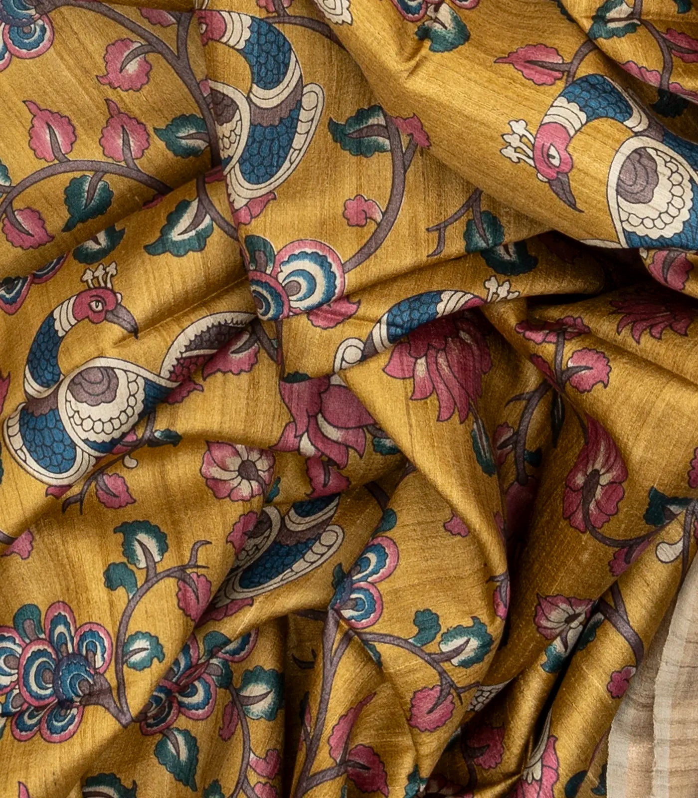 Beige Handloom Tussar Silk Saree With Printed Peacock Motifs