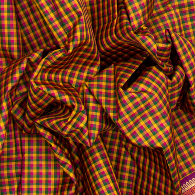 Multi Colour Handloom Korvai Kanchipuram Silk Saree With Checks