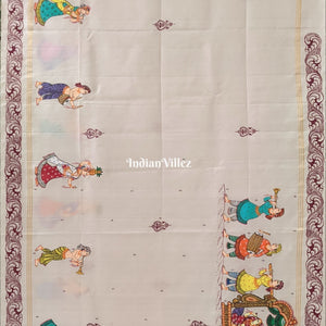 Red Mustard Yellow Marriage Theme Hand-Painted Pattachitra Saree