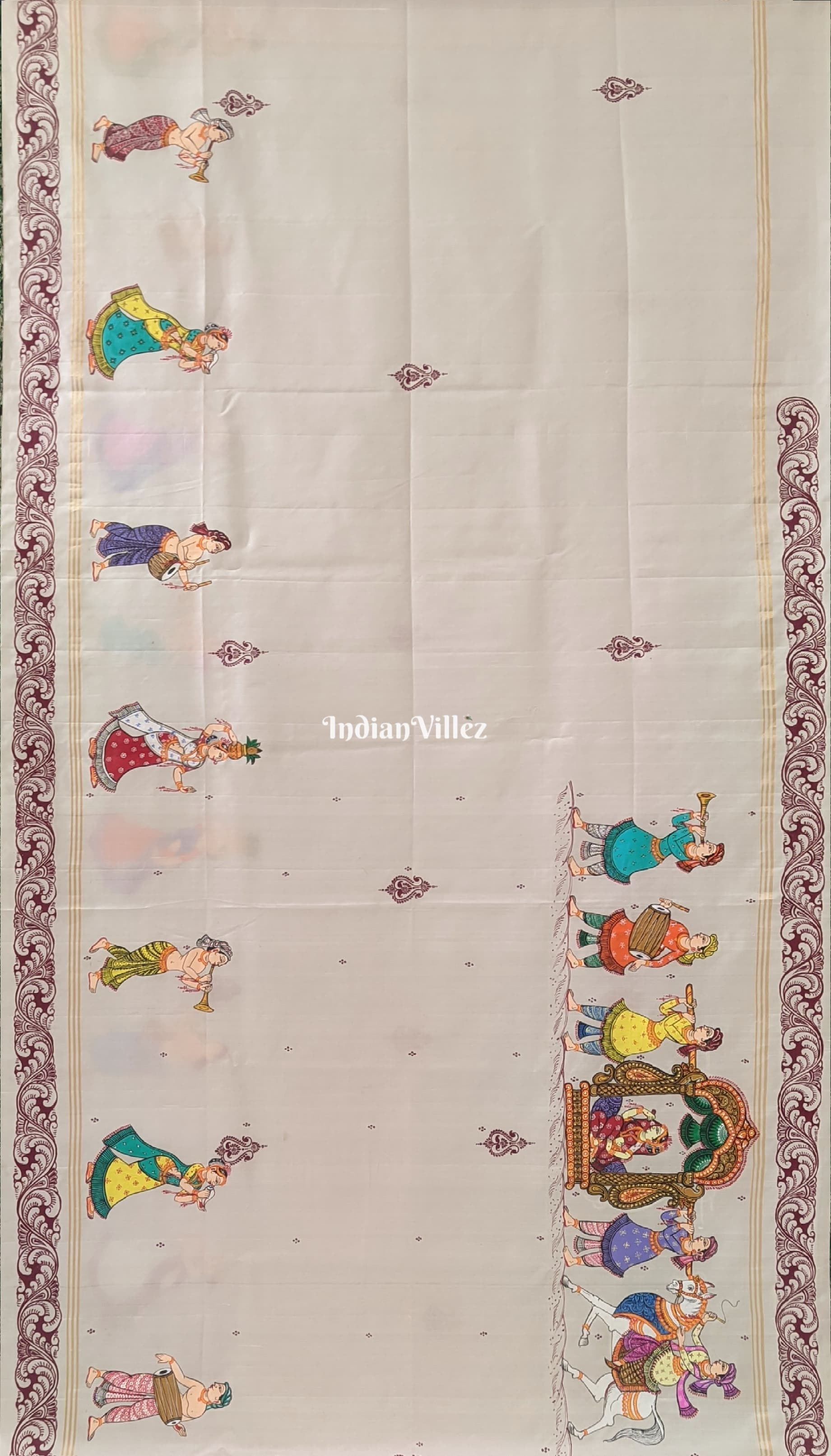 Red Mustard Yellow Marriage Theme Hand-Painted Pattachitra Saree