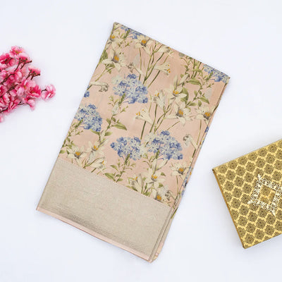 Light Peach Handloom Tussar Silk Saree With Printed Floral Motifs & Zari Border