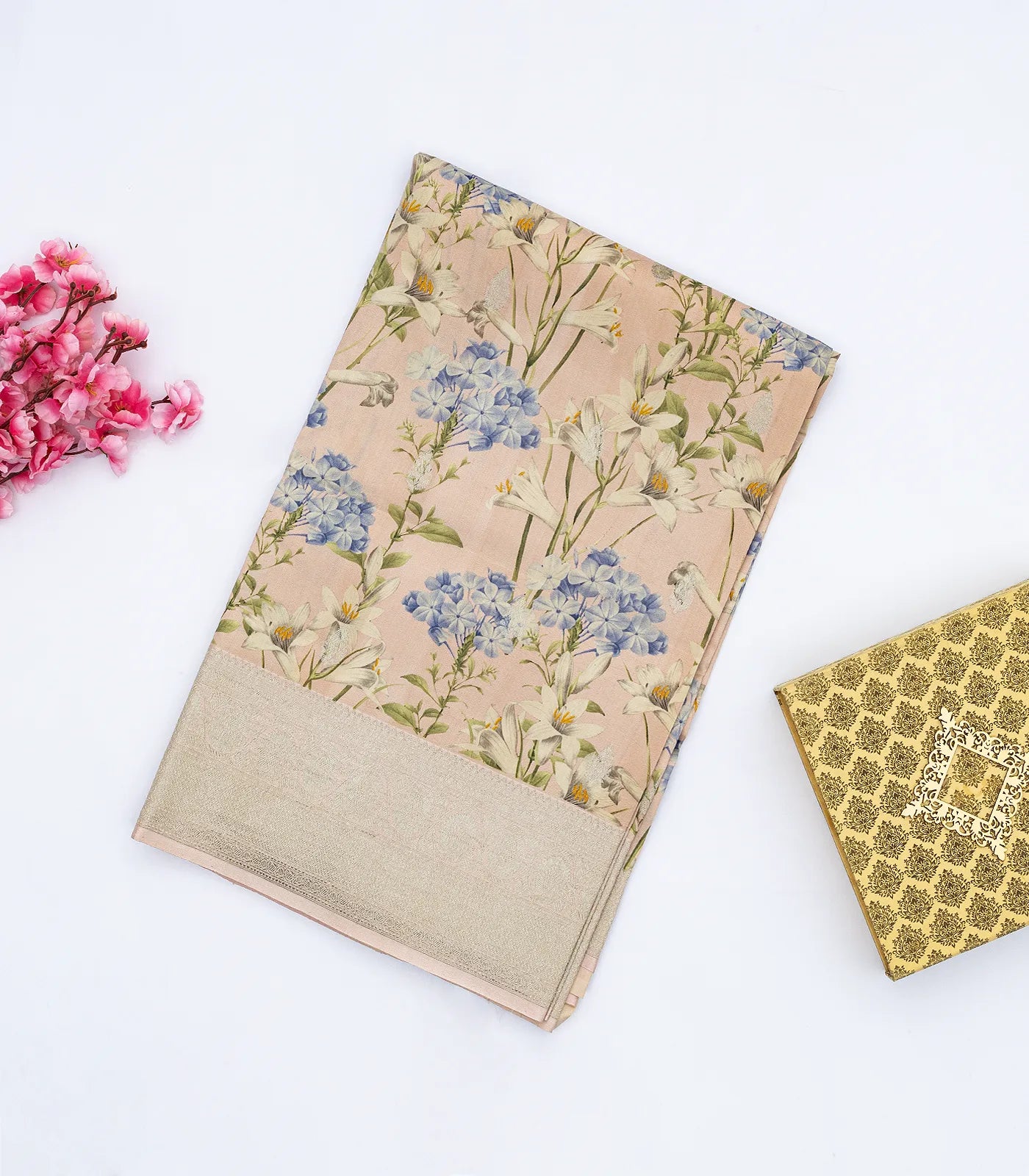 Light Peach Handloom Tussar Silk Saree With Printed Floral Motifs & Zari Border