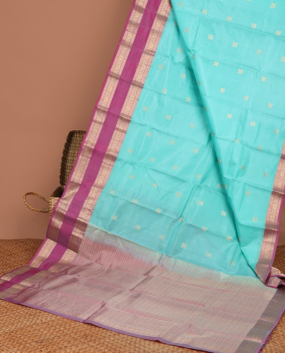 Blue geometric buttas silk saree with contrast rettai pettu brorder of traditional designs & intricate zari design pallu