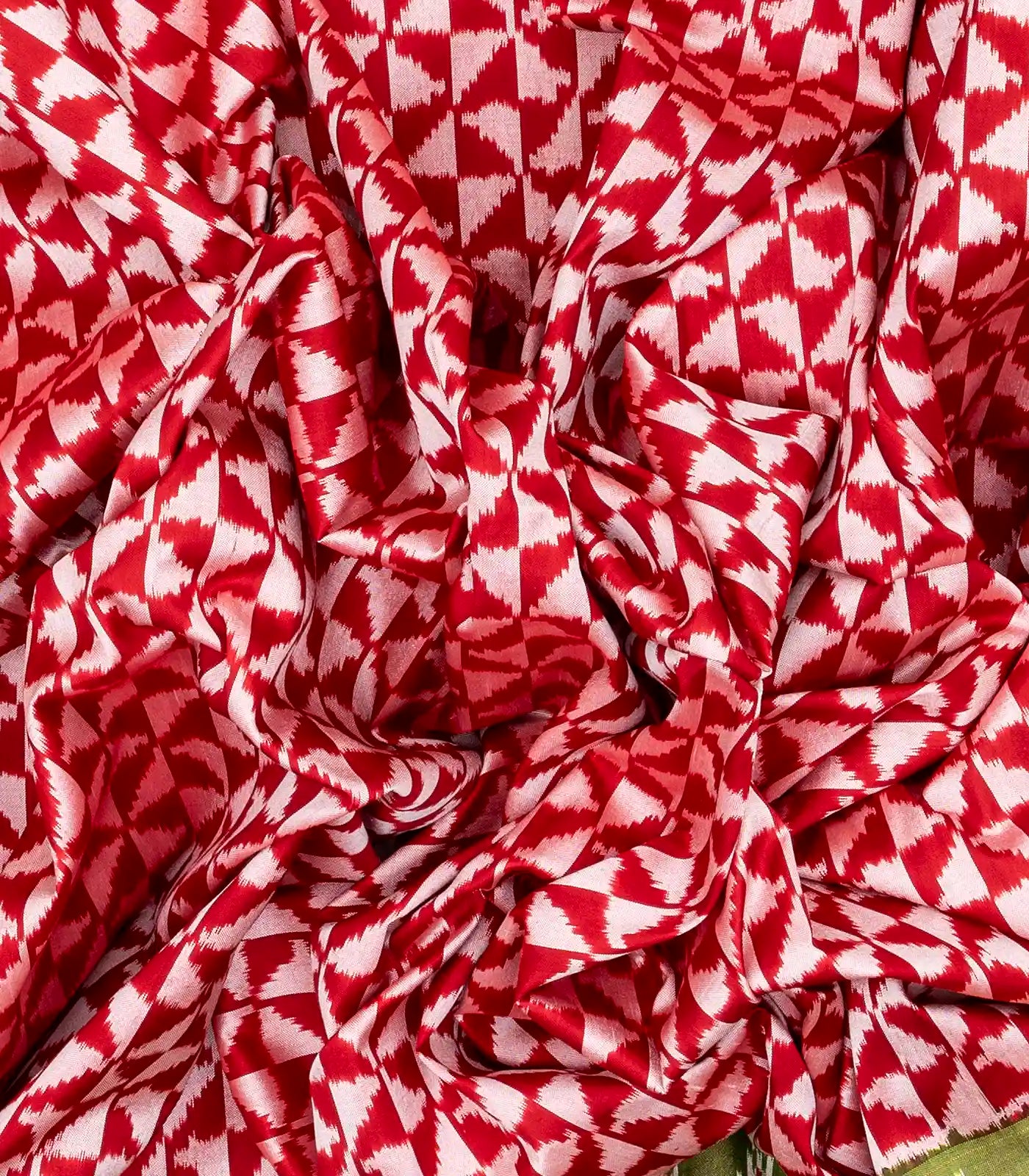 Red Handloom Ikat Silk Saree With Contrast Green Border