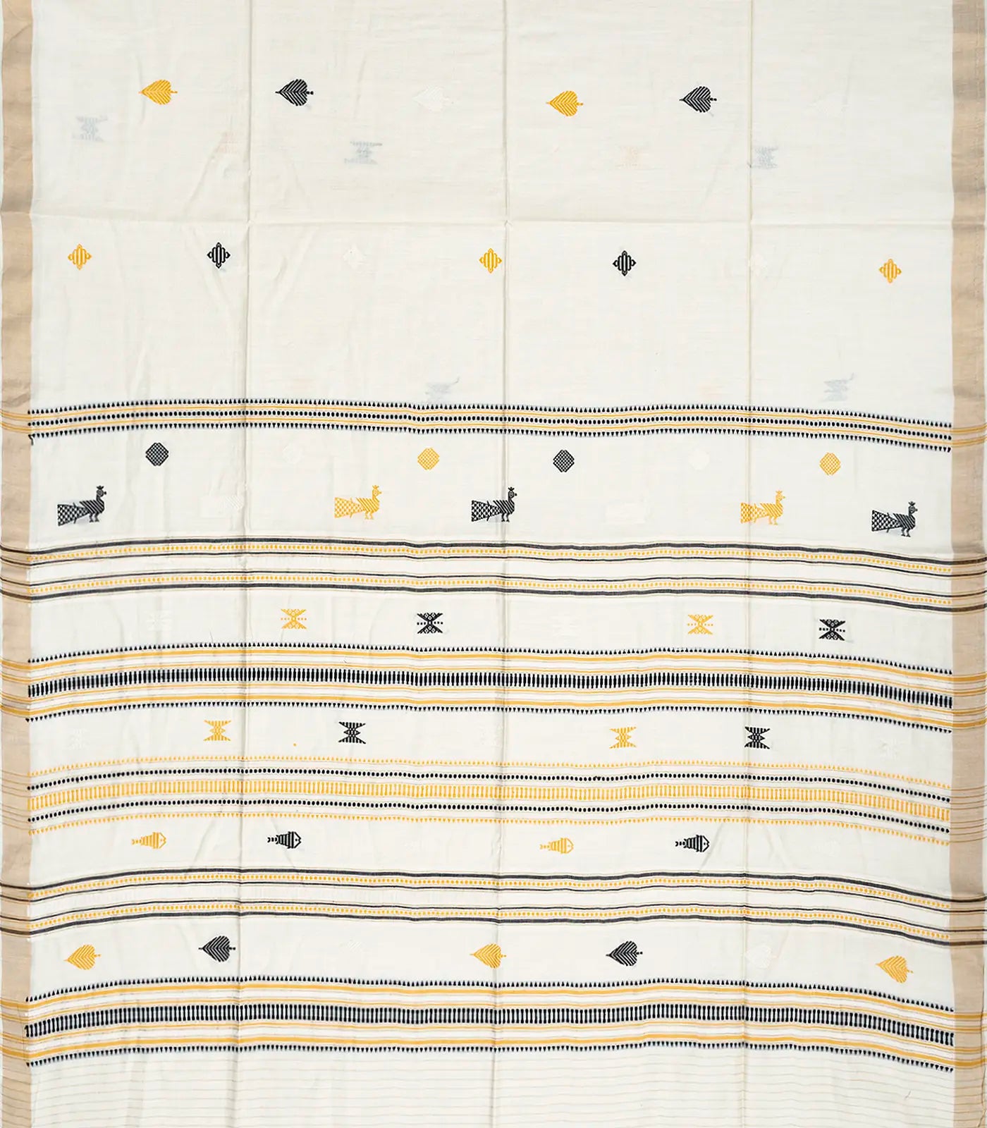 White Handwoven Tussar Silk Saree With Leaf Motifs-White