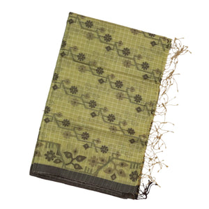 Shadow Green Bengal Cotton Saree With Checks & Floral Motifs