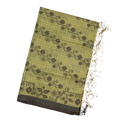 Shadow Green Bengal Cotton Saree With Checks & Floral Motifs
