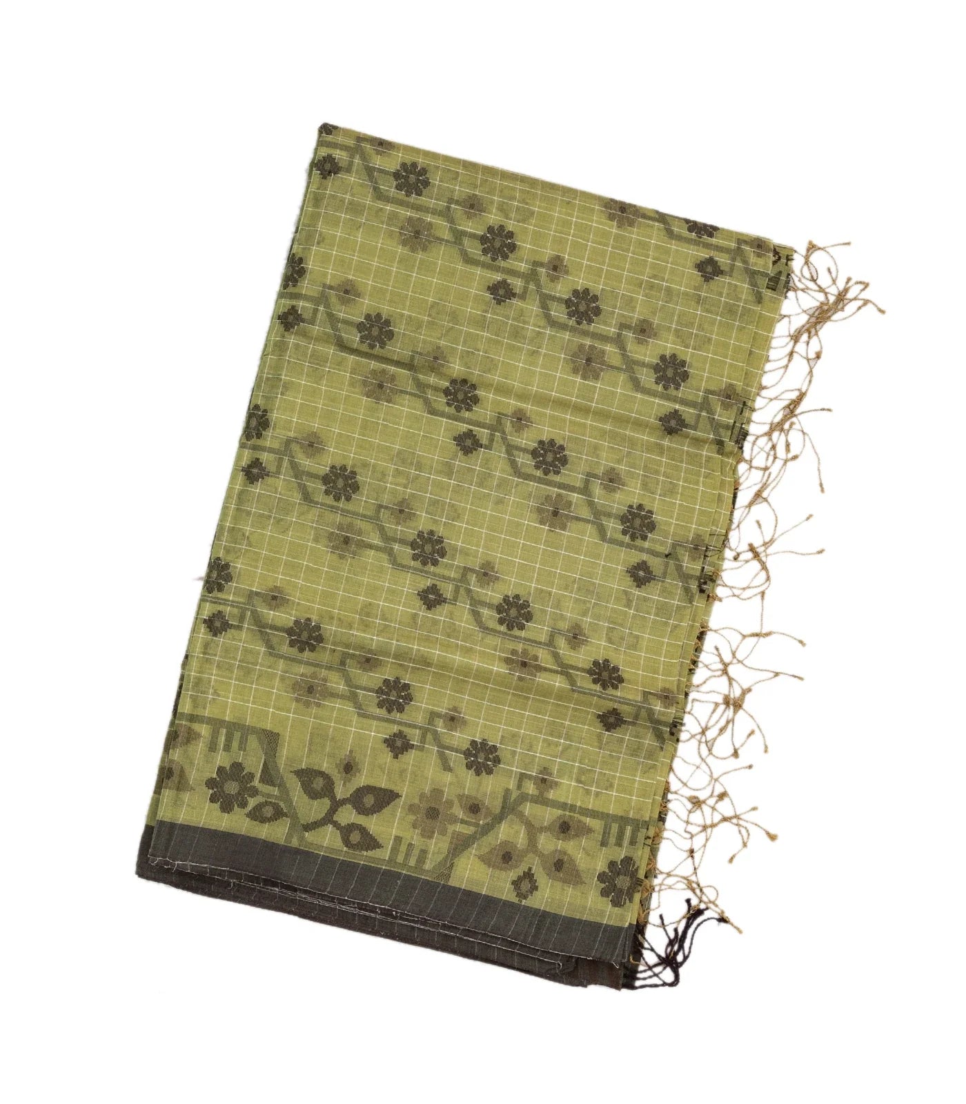 Shadow Green Bengal Cotton Saree With Checks & Floral Motifs