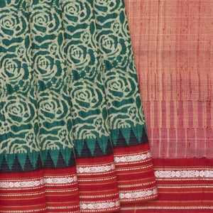 Green Handloom Printed Tussar Silk Saree With Floral Motifs-Green