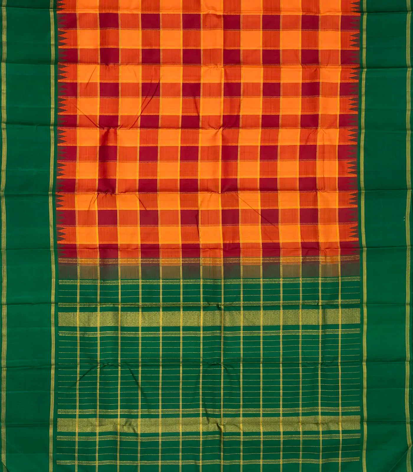 Crimson & Orange Handloom Kanchipuram Korvai Silk Saree With Checks
