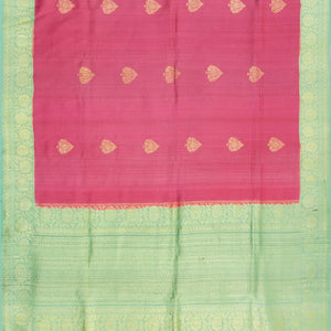 Pink Handwoven Tussar Georgette Silk Saree With Flower Bud Butta & Vine Motifs in Turquoise Border-Pink