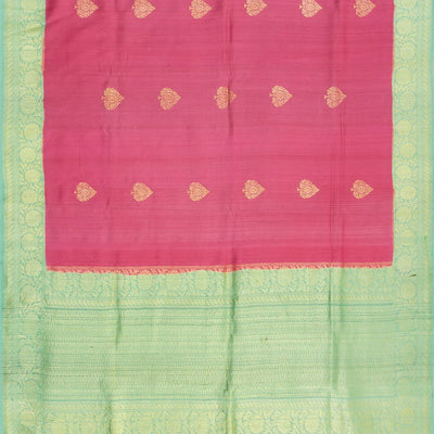 Pink Handwoven Tussar Georgette Silk Saree With Flower Bud Butta & Vine Motifs in Turquoise Border-Pink