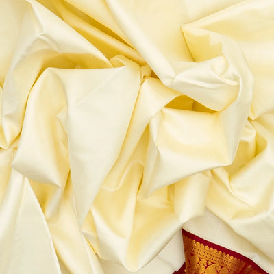 White Handloom Kanchipuram Korvai Silk Saree With Crimson Border