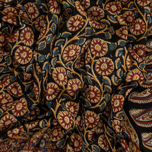 Black Handloom Chanderi Cotton Saree With Printed Floral Vine Motif