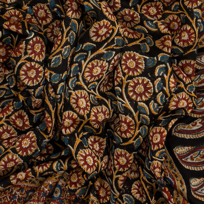 Black Handloom Chanderi Cotton Saree With Printed Floral Vine Motif