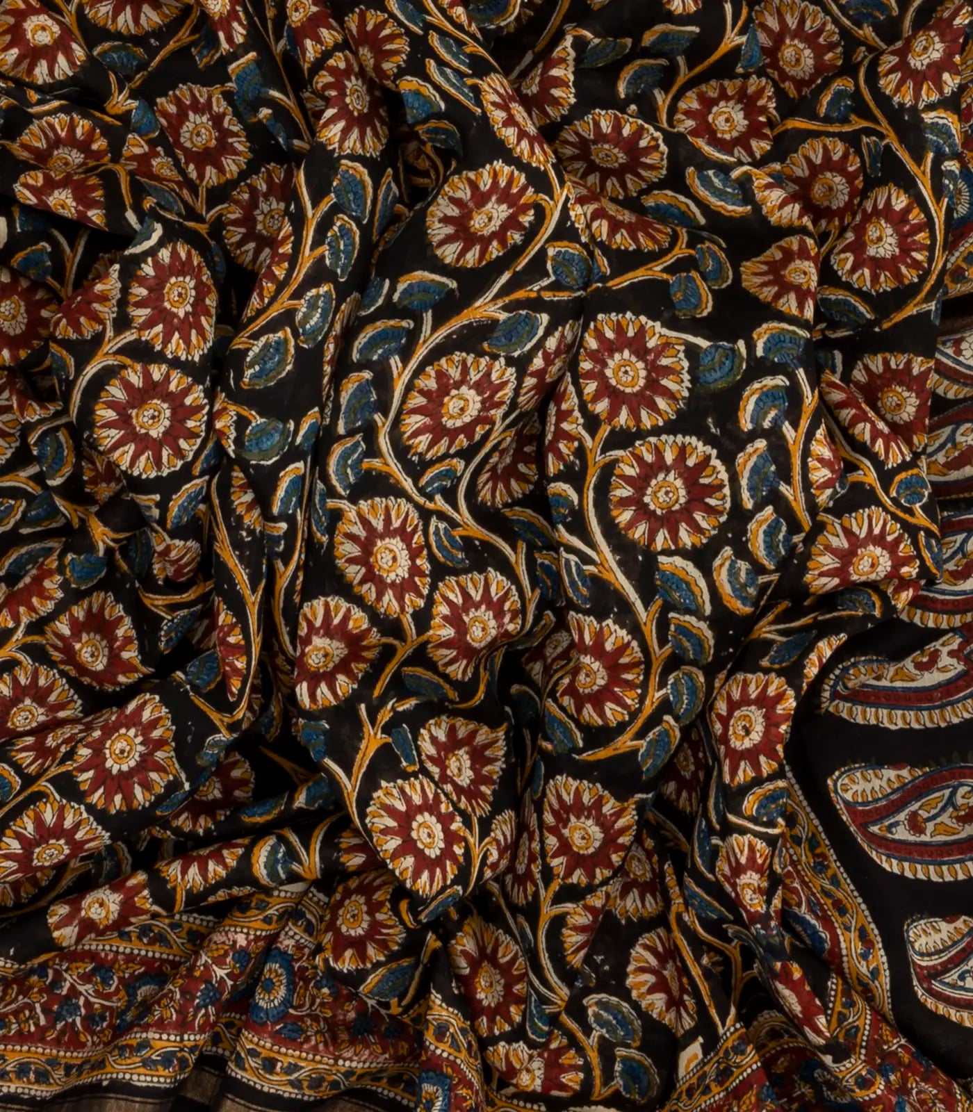 Black Handloom Chanderi Cotton Saree With Printed Floral Vine Motif