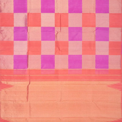 Pink & Orange Handloom Kanchipuram Silk Saree With Checks