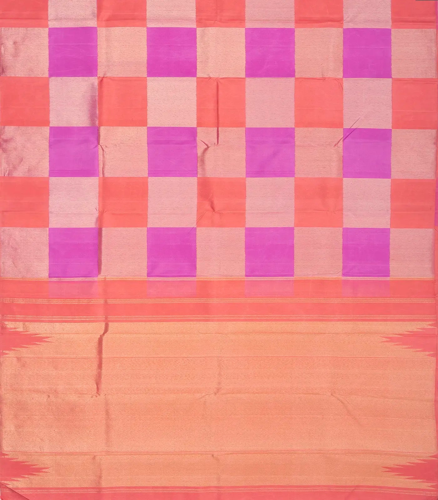 Pink & Orange Handloom Kanchipuram Silk Saree With Checks