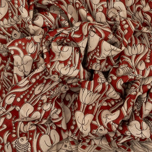 Taupe Cotton Saree With Rust Kalamkari Print