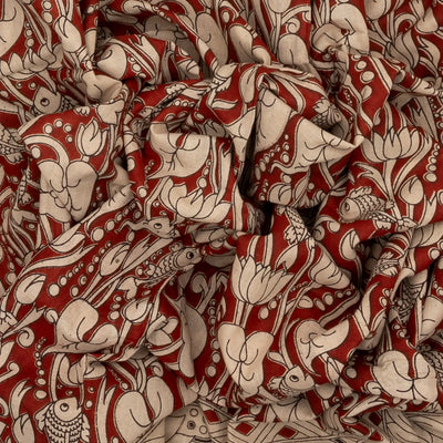 Taupe Cotton Saree With Rust Kalamkari Print