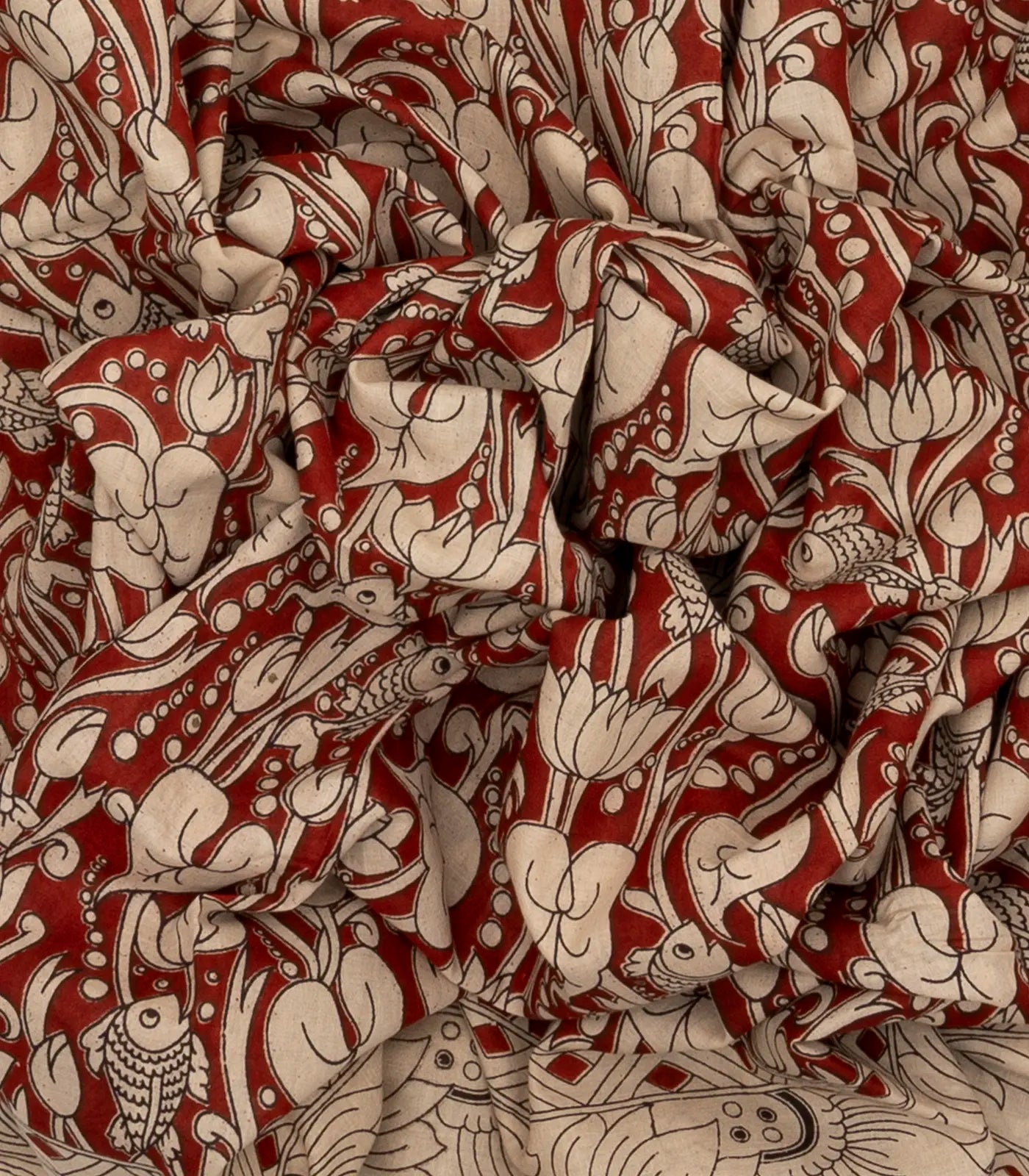 Taupe Cotton Saree With Rust Kalamkari Print