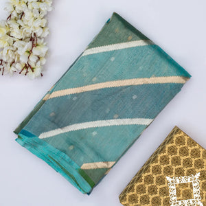 Blue & Green Banarasi Tissue Silk Saree With Diagonal Stripes