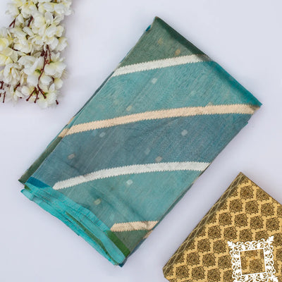 Blue & Green Banarasi Tissue Silk Saree With Diagonal Stripes