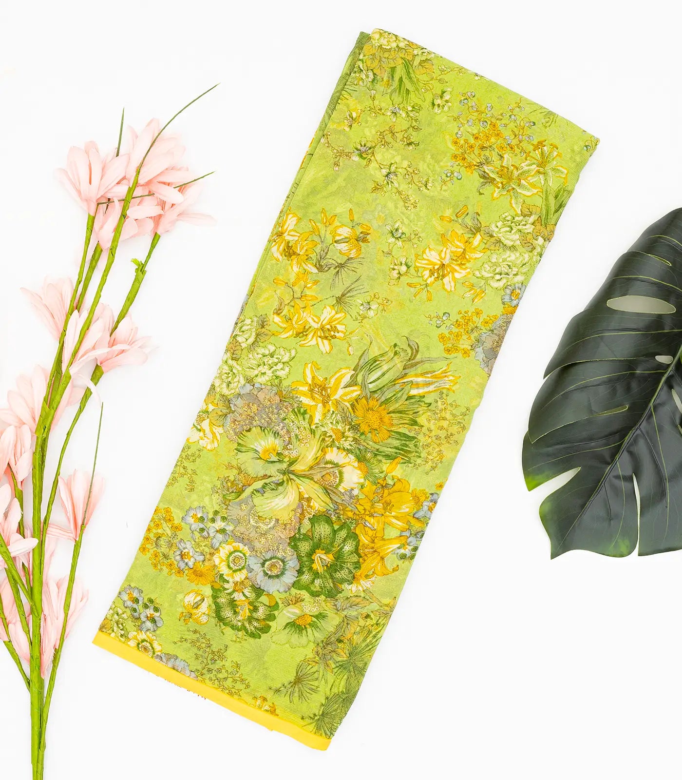 Light Green Woven Digital Printed Chiffon Silk Saree With Floral Motifs