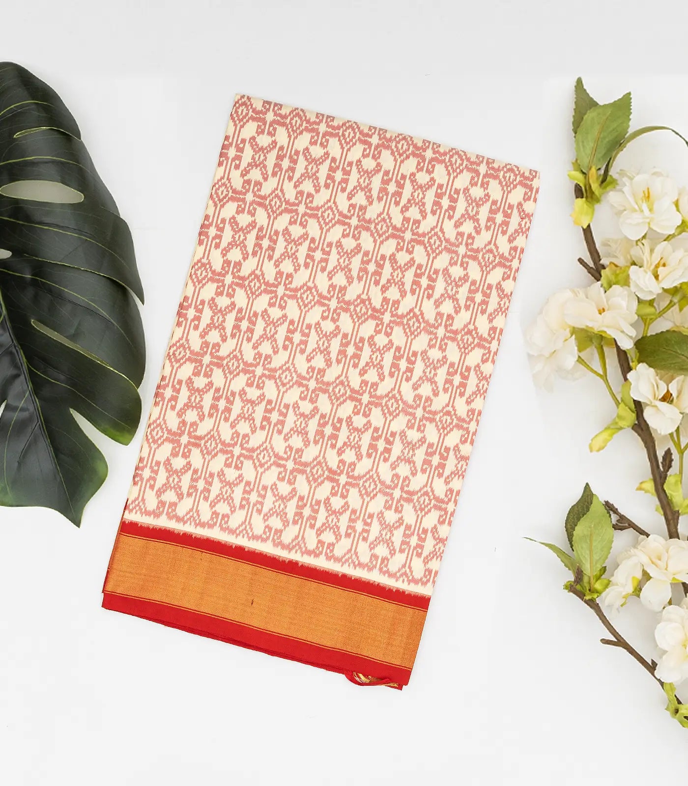 Cream Handloom Ikat Silk Saree With Floral Motifs