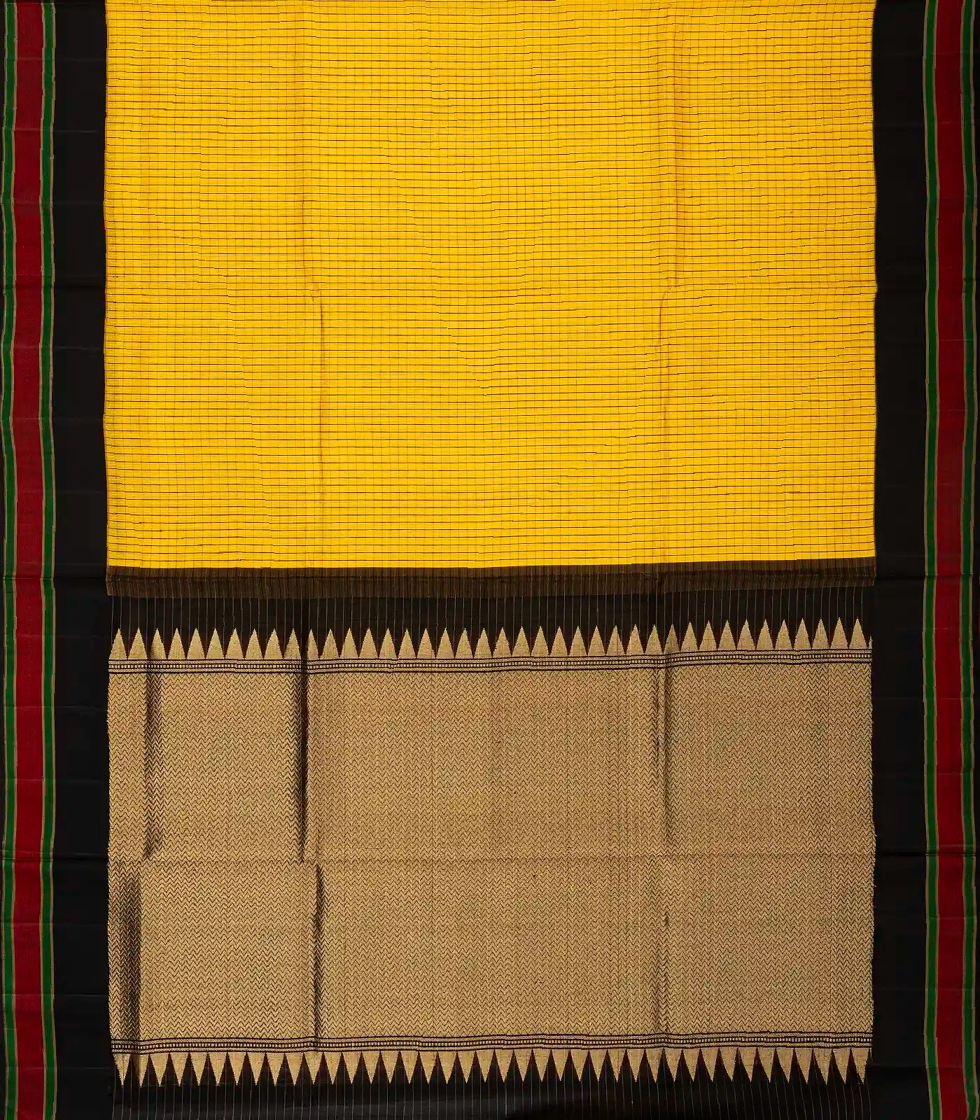 Yellow Handloom Kora Silk Saree With Checks & Black Border