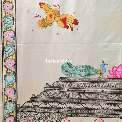 White Nartaki Mudra Hand-painted Pattachitra Saree