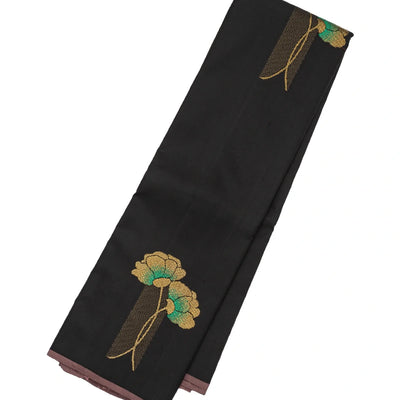 Black Handloom Kanchipuram Silk Saree With Floral Buttas