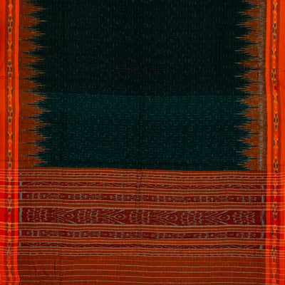 Bottle Green Handloom Orissa Cotton Saree With Red Tie & Dye Border