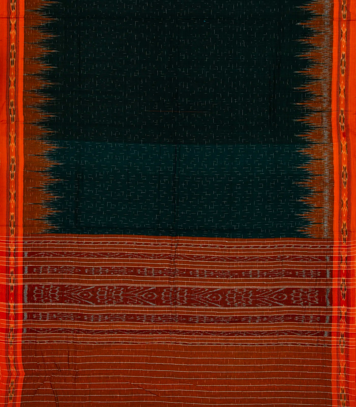 Bottle Green Handloom Orissa Cotton Saree With Red Tie & Dye Border