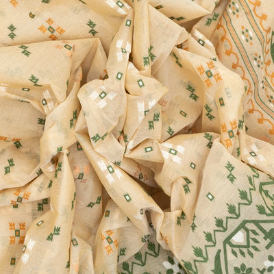 Cream Bengal Cotton Saree With Square & Floral Motifs