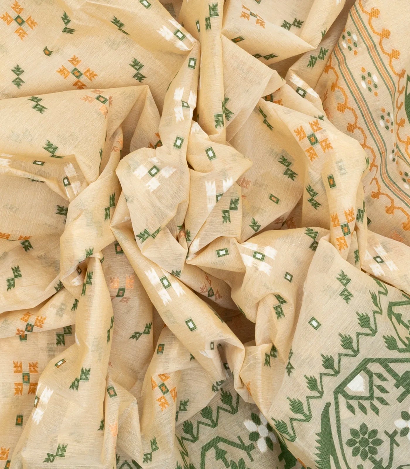 Cream Bengal Cotton Saree With Square & Floral Motifs
