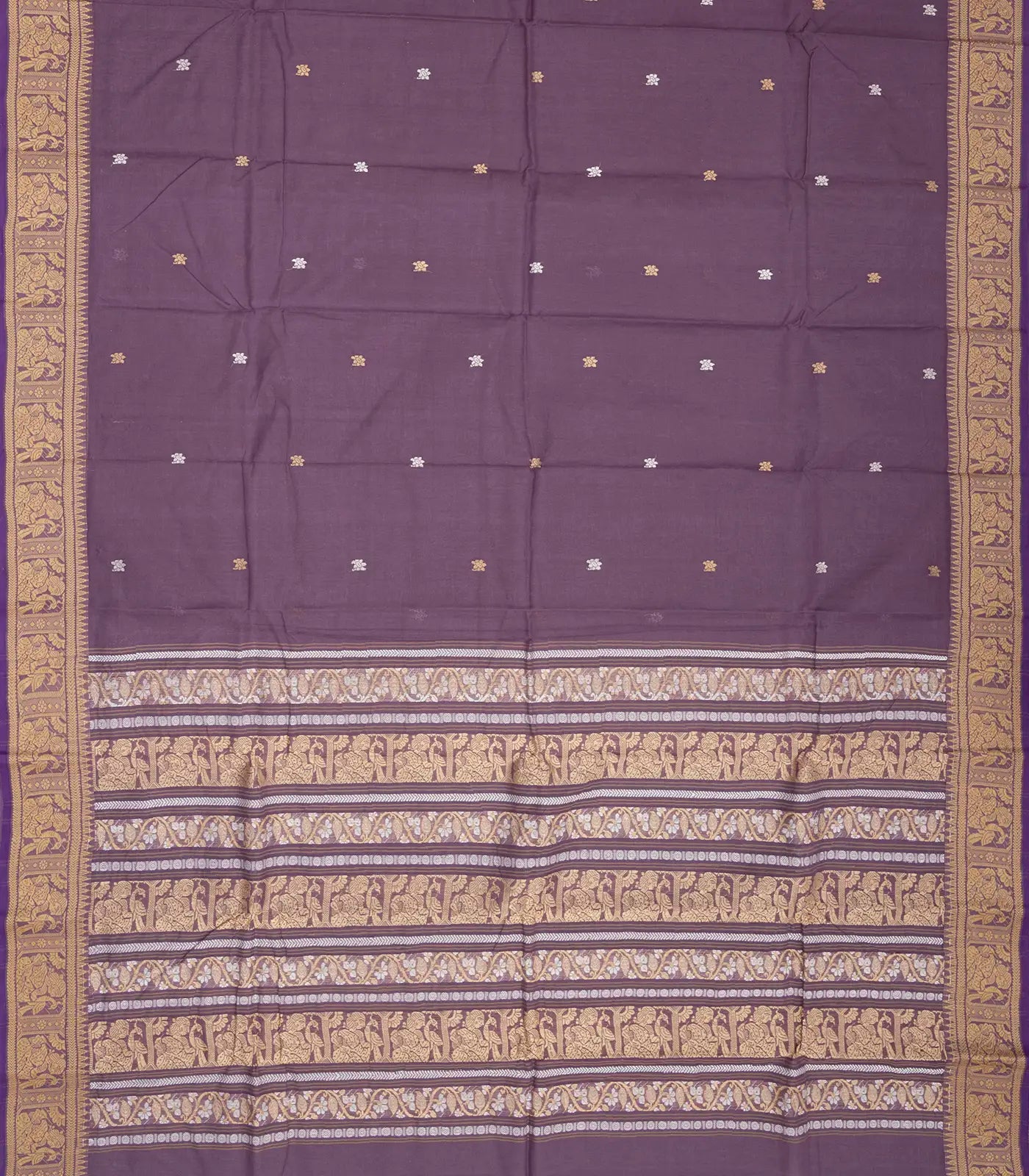 Lilac Handloom Bengal Cotton Saree With Floral Motifs