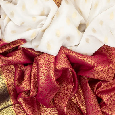 White & Pink Mysore Crepe Half & Half Silk Saree With Floral Motifs