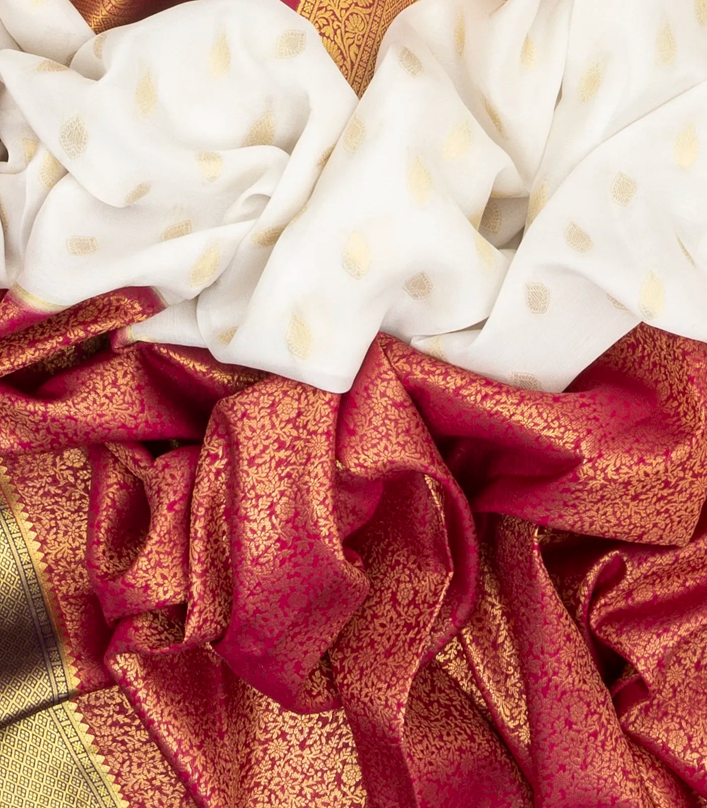 White & Pink Mysore Crepe Half & Half Silk Saree With Floral Motifs