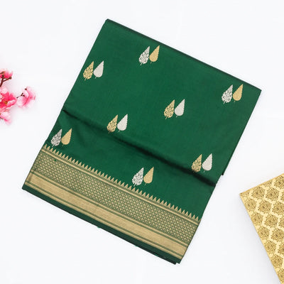 Dark Green Handloom Banarasi Silk Saree With Gold & Silver Zari Buttas