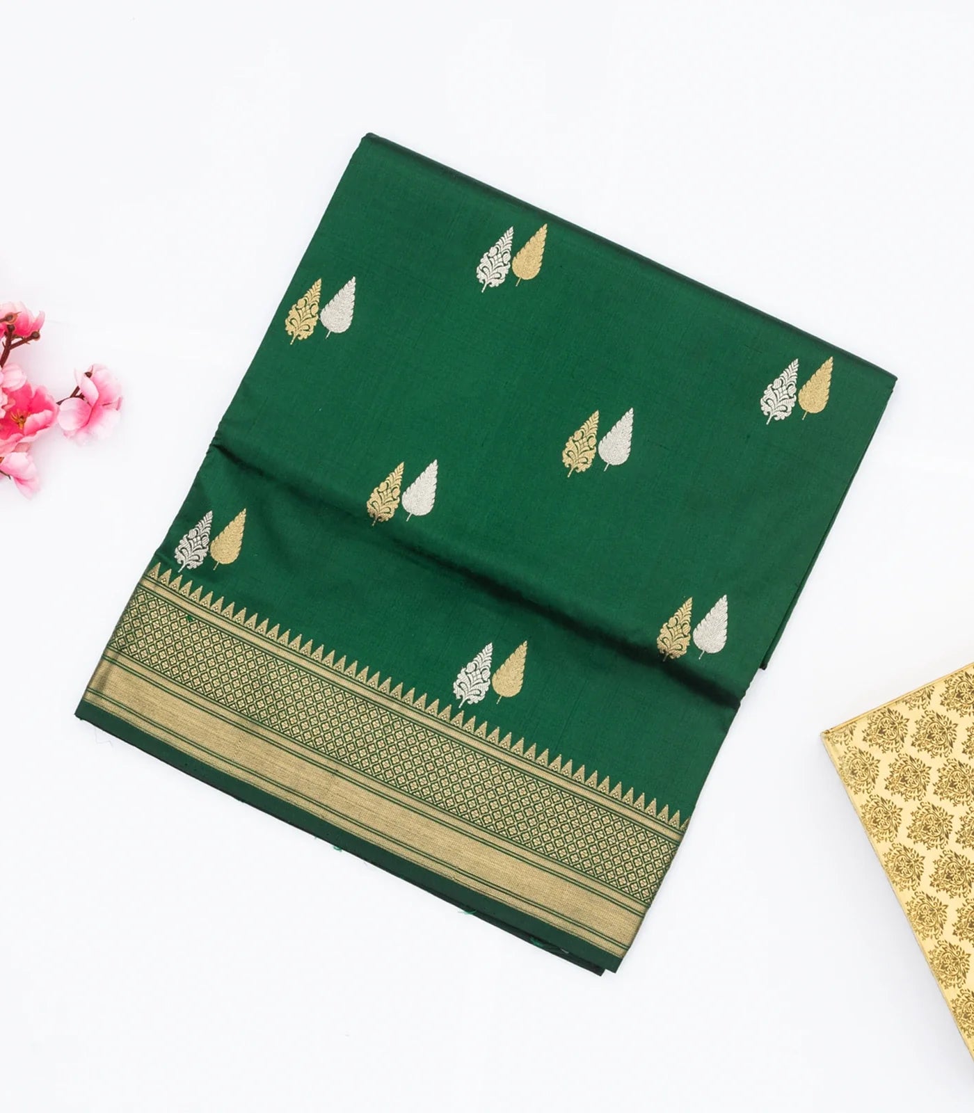 Dark Green Handloom Banarasi Silk Saree With Gold & Silver Zari Buttas