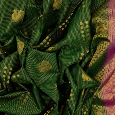 Dark Green Silk Saree With Zari Checks & Annam Buttas