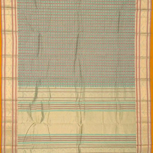 Shadow Green Handloom Kanchi Cotton Saree With Checks & Kamalam Motifs