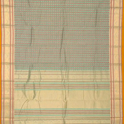 Shadow Green Handloom Kanchi Cotton Saree With Checks & Kamalam Motifs